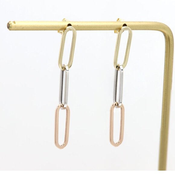 3 Color Gold Paperclip Earrings 5mm   1.5' Inch long Dangle Earrings Real 14k Go - Picture 3 of 9